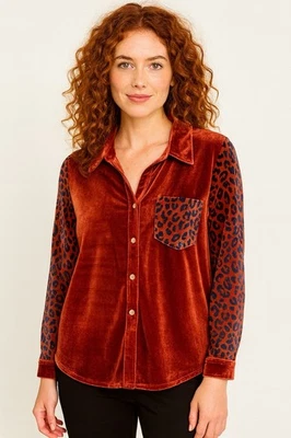 Camisa Umgee Mujer Top Talla S Terciopelo Burnout Leopardo Abotonada Cobre Foto 1 de 4