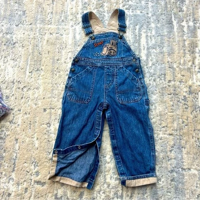 Y2K Koala Kids Denim Construction Front Loader Bib Overalls Diaper Snaps 24M - Image 1 of 4