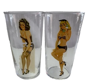 1940s Peek-A-Boo Decal Pin Up Lady Girl Highball Glasses Nude Set of 2 Vintage - Picture 1 of 10