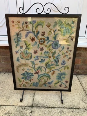 Antique/ Vintage Black Cast Iron Metal Fire Screen Guard With Tapestry Design - Image 1 of 4