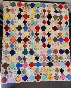 1970’s Colorful GRANNY SQUARE Flowers Crochet AFGHAN BLANKET Roseanne 51 x 44" - Picture 1 of 14