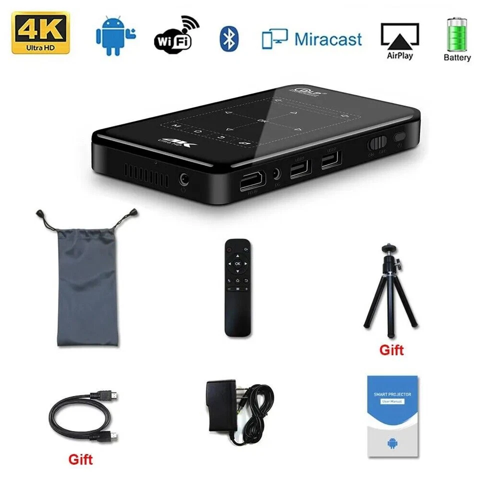 P09 4K Android 9 Mini Projector:WiFi/Bluetooth DLP Home Cinema Portable Theater​ - Image 1 of 4