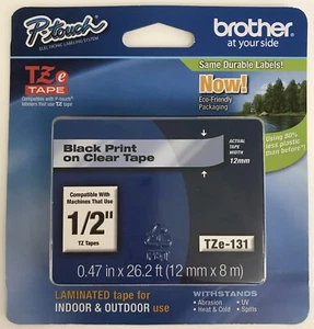 Brother 1/2" (12mm) Nastro P-touch Nero su Trasparente per Etichettatrice TZe-131 - Foto 1 di 2