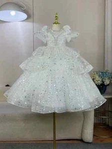 Baby Girl Princess Dress Sequin Party Dress Puff Sleeves Clothing Flower Costume - Picture 1 of 15