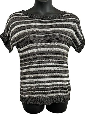 NWT Coldwater Creek Striped Light Short Sleeved Sweater Black Gray Gold Med - Изображение 1 из 4