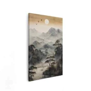 Japanese Painting Black & White Moon Unframed Canvas Print Australian Wall Art - Picture 1 of 4