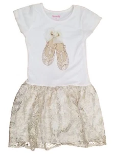 Girls White & Gold Golden Brown Bow Lace Ballerina Ballet Shoes Dress 6x - Picture 1 of 1