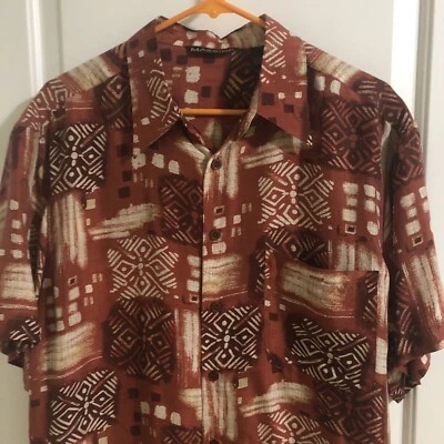 Camisa Hawaiana Massini Para Hombre 100% Seda Óxido y Marrón Geométrica Tribal Talla Grande Foto 1 de 4