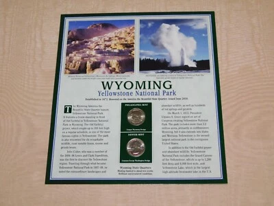 AMERICA THE BEAUTIFUL 10" X 9"  2 STATE QUARTERS 2010 & STAMPS DISPLAY WYOMING - Image 1 of 4