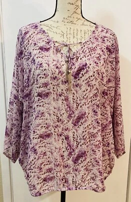 JENNIFER LOPEZ Purple White Blouse 3/4 Dolman Sleeve Flowy V Neck Tassels 1X - Image 1 of 4