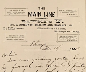 1887 Membrete de teatro para la línea principal o la Y de Rawson por Henry C De Mille - Imagen 1 de 4