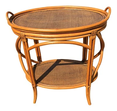 Bamboo and Rattan Wicker Oval Bar Cart With Removable Serving Tray - Image 1 of 4