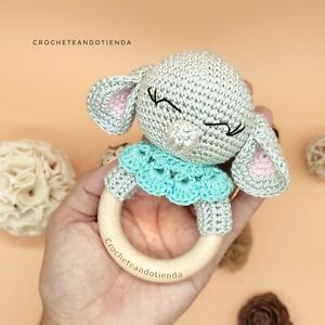 Sonajeros Elefante, mordedor natural, hecho a mano, juguete dentición Crochet