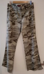 BE BOP LADIES BROWN CAMOUFLAGE CARGO PANTS WITH DIAMONTE STUDS FLARED LEG S12 - Picture 1 of 5