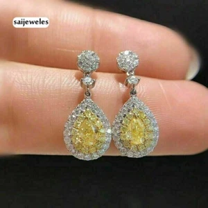 2.60CT Pear Lab-Created Diamond Halo Drop Stud Earrings 14K 2-Tone Gold Finish - Picture 1 of 4