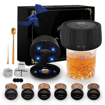 Kit ahumador de whisky eléctrico con luces LED, 4 cubitos de hielo reutilizables y 6 sabores... Foto 1 de 4