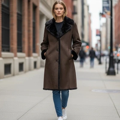 Abrigo largo para mujer Marvin Richards XL marrón imitación gamuza forrado de piel sintética Penny Lane Foto 1 de 4