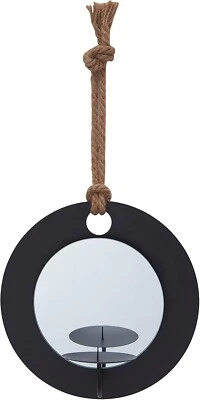 Black Metal Decorative Round Rustic Pillar Candle Sconce with Rope and Mirror - Image 1 of 4