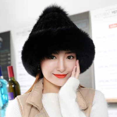 Sombrero de piel de visón real para mujer sombrero de bombín tejido cálido gorra sombrero con ribete de piel de zorro Foto 1 de 4