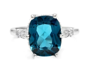 4.08 Carats Natural LONDON BLUE TOPAZ and Diamond 14K White Gold Ring - Picture 1 of 7