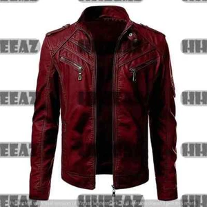 New Men's Real Cafe Racer Motorbiker Fashion Zipper Red Cowhide Leather Jacket - Picture 1 of 3