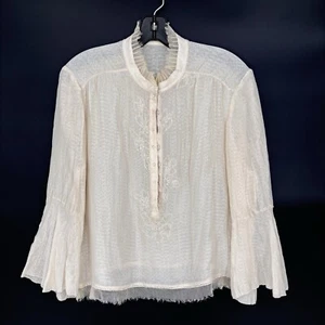 Elie Tahari Blouse L Silk Ivory Ruffle Neck Bell Sleeve Button Front Embroidered - Picture 1 of 10
