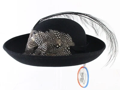 Mr John Classic Ladies Black Wool Felt Boutique Hat W/ Feathers 7 56cm - Image 1 of 4