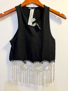 Neu mit Etikett Zara schwarzes nahtloses bauchfreies Oberteil mit Strass  - Bild 1 von 10