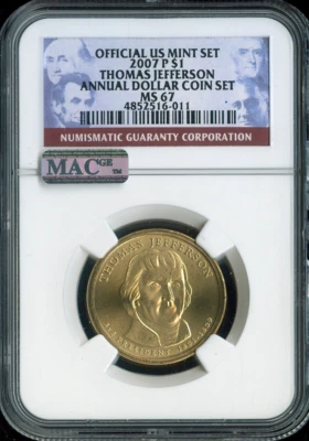 2007-P Thomas Jefferson Dollar NGC MS67 Annual - 3rd U.S. President - Image 1 of 2