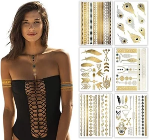 Metallic Gold Silver Tribal Festival Carnival Bracelet Necklace Body Art Tattoo - Picture 1 of 8