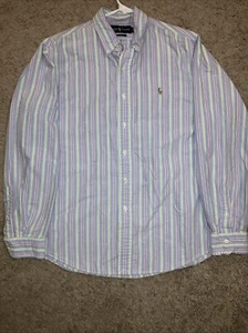 VTG Polo Ralph Lauren Custom Fit Long Sleeve Button Shirt Mens Large Blue Pink - Picture 1 of 9