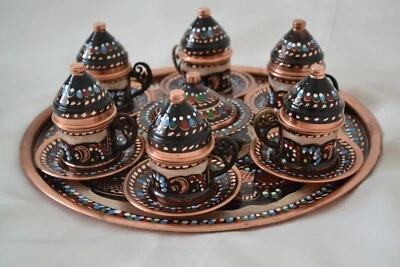 Juego de café tradicional turco para 6 tazas de café espresso de cobre pintadas a mano Foto 1 de 4