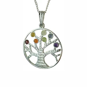 Albero Della Vita Spirituale Chakra Placcato Argento Ciondolo con Vera Pietre - Picture 1 of 1