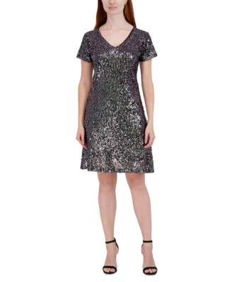 Robbie Bee Women's Petite Sequined V-Neck Dress (Silver, Petite Small) - Image 1 of 4