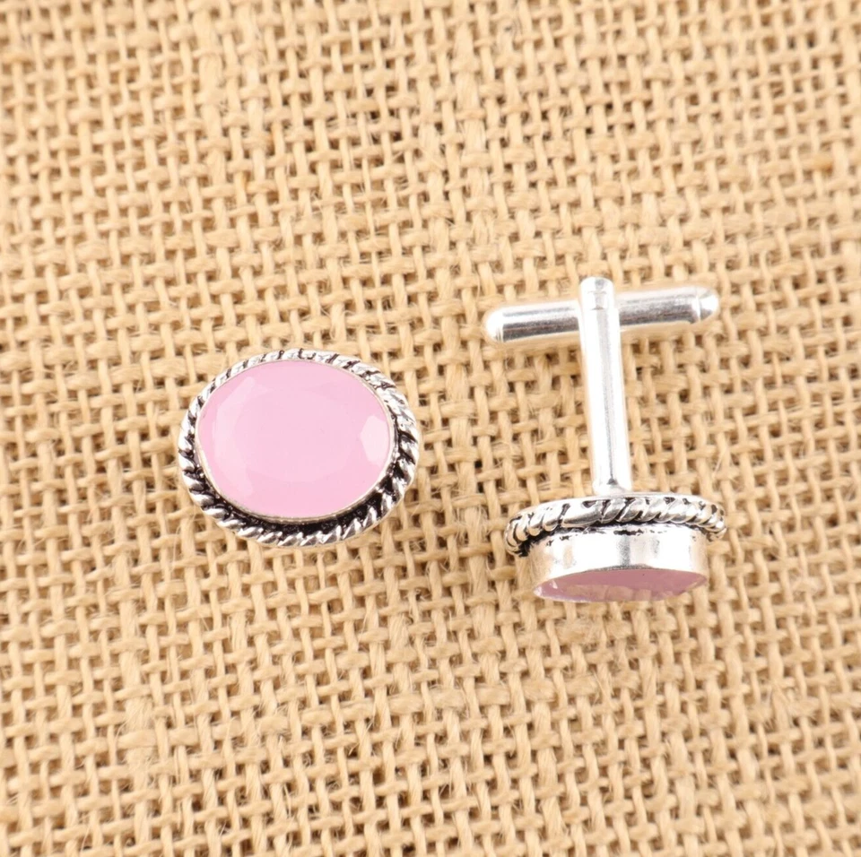 Gemelos de plata de ley 925 hechos a mano con piedras preciosas de calcedonia rosa natural HA Foto 1 de 4