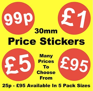 30mm Bright Red Price Point Stickers / Market Stall Labels £1 £2 £3 £4 £5 £10 - Picture 1 of 32