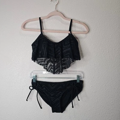 OP Conjunto de bikini traje de baño con volantes de encaje negro para mujer talla M 7-9 Foto 1 de 4