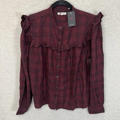 Levi’s Gianna Ruffle Trim Blouse Women’s L Dark Red Plaid  Western Modest New - Image 1 of 4