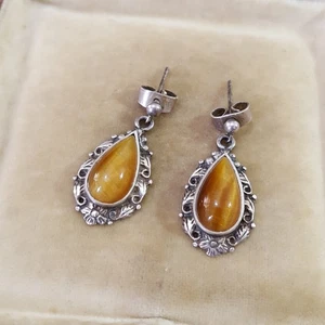 Vintage 925 Sterling Silver Earrings, Natural Tiger's Eye Gemstones Teardrop  - Picture 1 of 8