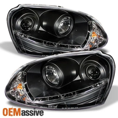Fits 06-09 Vw GTi Jetta Rabbit Black Projector DRL Daylight LED Strip Headlights - Изображение 1 из 3