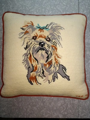 Vtg Wool Needlepoint Point Pillow Westie Yorkie Terrier 16x16 Velvet Handmade - Image 1 of 4