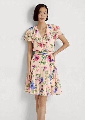 Ralph Lauren Black Label Pink Floral Georgette Ruffle Wrap Dress Size 6P EUC - Image 1 of 4
