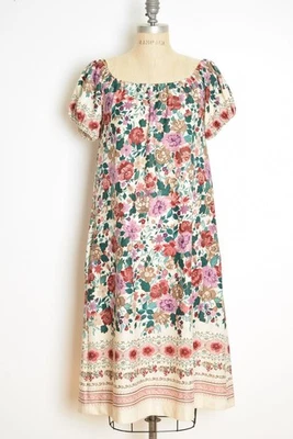 Vestido vintage años 70 hippie boho estampado floral hombro descubierto tienda midi crema M Foto 1 de 4