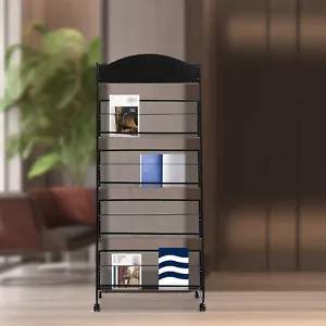 4-Layers Mobile Metal Floor-Standing Magazine Newspaper Rack Black with Wheeled - Picture 1 of 24