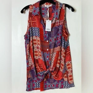 Rose+Olive Women’s Sleeveless Blouse Patterned Shirt Sz L Red Blue White Purple - Picture 1 of 11