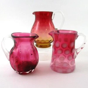 3 CREAMERS - Antique AMBERINA, FENTON Opalescent COIN DOT, Pilgrim CRANBERRY - Picture 1 of 12