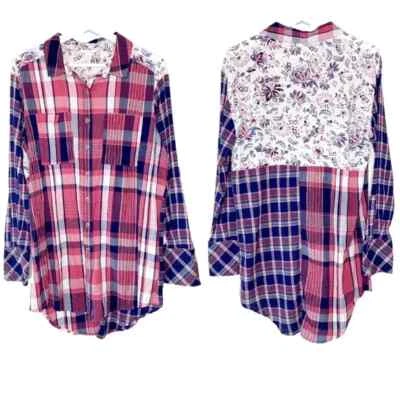 Top túnica Caslon floral espalda roja y azul a cuadros abotonada S Foto 1 de 4