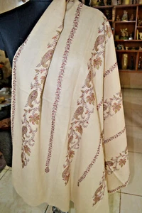 BEIGE Kashmir Hand Embroidered Shawl 100% Cashmere Pashmina Wrap Delicate Floral - Picture 1 of 5