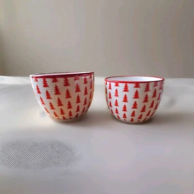 Christmas Holiday Nesting Bowls Pair White with Red Pine Trees - Image 1 of 4