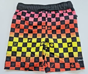 Hurley Toddler Boy's 4T Board Shorts Swim Orange Black Yellow Check Mesh Lined - Picture 1 of 2